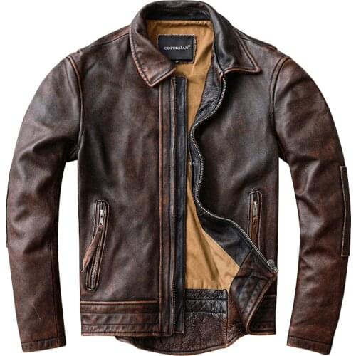 Retro Distressed First Layer Cowhide Jacket mens Red-Brown Youth Motorcycle Jacket Suit Dovetail Locomotive Coat