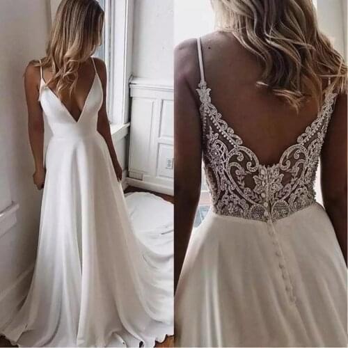 Spaghetti Straps V-Neck Wedding Dresses 2021 Lace Appliques Backless Elegant Bridal Gown Vestidos De Noiva A-Line Sweep Train