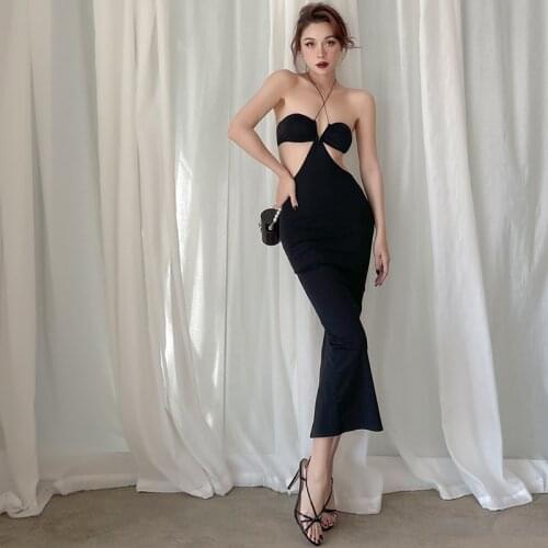 2021 Summer New Fashionable Sleeveless Off The Shoulder Sexy Backless Black Dress for Women Hollow Out Slim Long Dresses Party