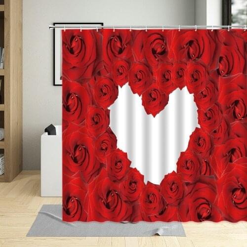 Romantic Valentines Day Red Rose Flowers Shower Curtain Plant Green Leaves Bathroom Curtains Bathtub Home Washable Fabric Sets