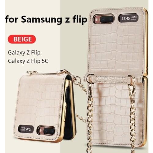Luxury Mirror Leather Handbag Case Cover For Samsung Z Flip 5G Lone Metal Chain Phone Bag Shockproof Shell For Galaxy Z Flip