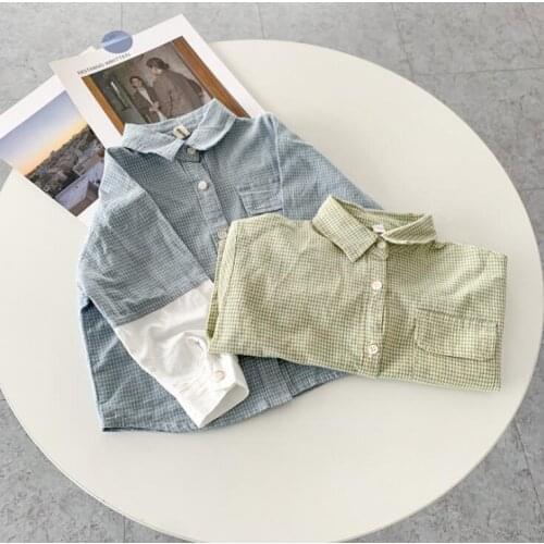 2021 New Stlye Girls Boys Plaid Patchwork Shirt Spring Cotton Full sleeve Fashion Kids Top 1-7 year QS145