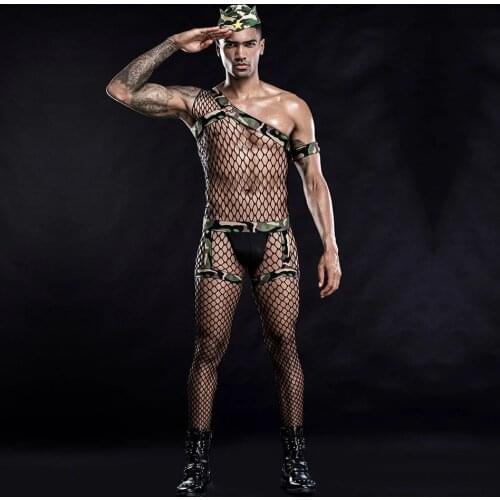 Sexy Mens Bodysuit Lingerie Army Uniform Cosplay Hot Erotic Mesh Catsuit Sex Club Role Play Teddy Nightwear Porno Costumes