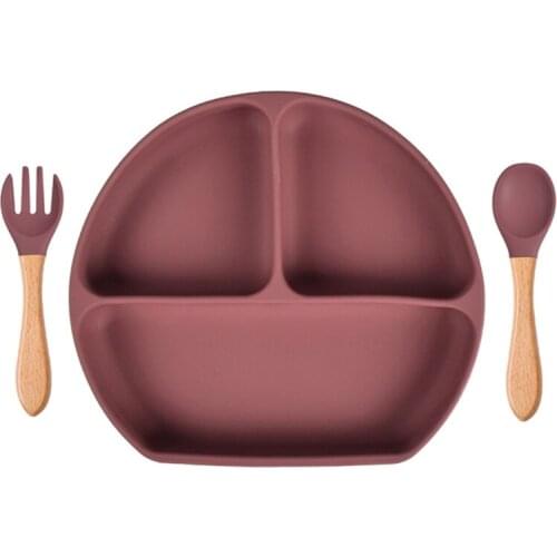 Baby Food Grade Silicone Feeding Plate with Matching Wood Handle Spoon Fork Set Toddlers Divided Non-Slip Bowl Tableware 87HD