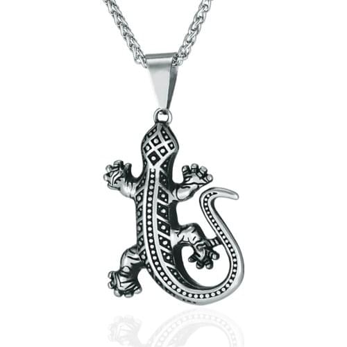 Stainless Steel Punk Rock Gekko Vintage Reptile Pendant Necklace Mens Lizard Jewelry Gift For Him with Chain
