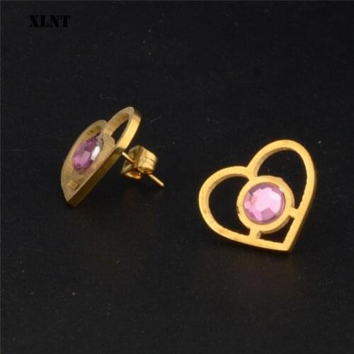 XLNT 2019 new fashion women earrings creative small Pink crystal stud earrings cute Stainless Steel Hollow heart earrings