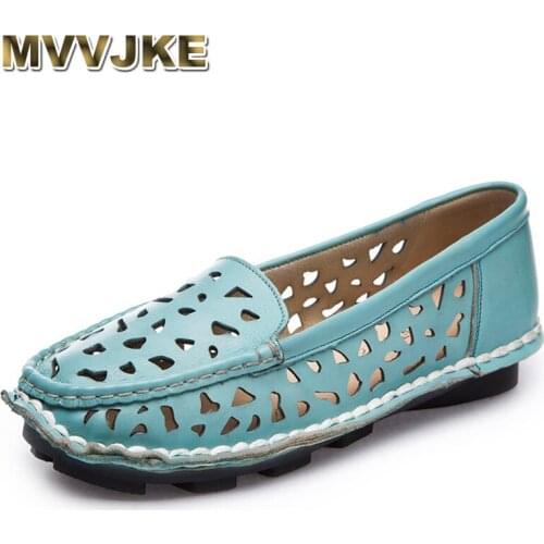 MVVJKE Handmade Summer Casual Loafers Women Flat Shoes Breathable Hollow Genuine Leather Moccains Women Flats Mother Shoes