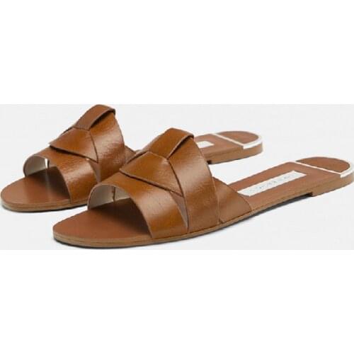 ZAR Slippers Women Summer Luxury 2021 New Brown Cross Leather Flat Sandals Brand Woman Beach Shoes Plus Size 40 Chaussure Femme