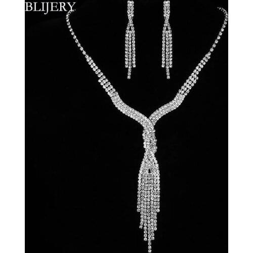 BLIJERY Sparkling Rhinestone Crystal Jewelry Sets for Women Long Tassel Necklace Earrings Set Wedding Bridal Jewelry Sets