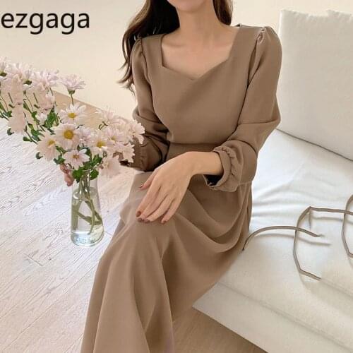 Ezgaga French Style Elegant Dress Women Chic Vintage Square Collar Puff Sleeve Lace Up Slim Waist Party Dress Solid Vestidos