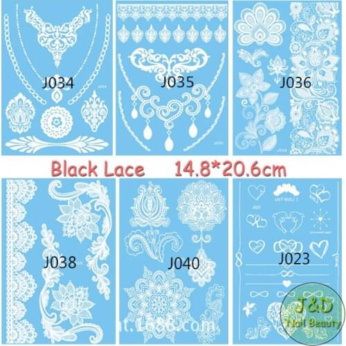 12pcs White Lace Necklace Watertransfer Body Tattoo Sticker Temporary Wedding Decal Black Classical Baroque Pattern