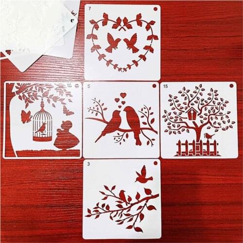 16pcs Bird Tree Stencils PET Painting Hollow Template DIY Lace Photo Album Hand Graffiti Painting Auxiliary Decor Art Stencil