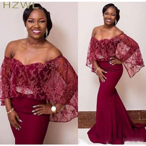 African Off Shoulder Prom Dresses Lace Applique Beaded Plus Size Mermaid Evening Gowns Dress Sexy Glamorous Formal Wear