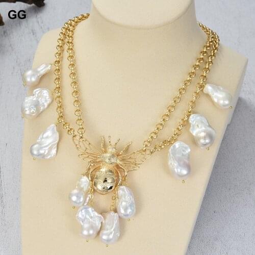GG Jewelry 18'' 2 Strands Natural White Keshi Baroque Pearl Gold Plated Bee Pendant Chain Vintage Style Necklace