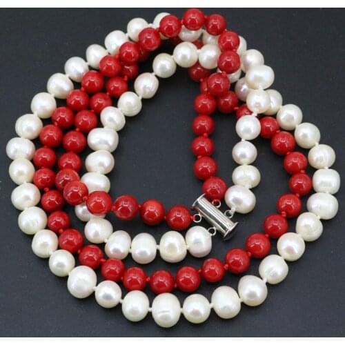 Fashion women 8-9mm white natural freshwawter pearl 2 rows strand necklace 7mm red coral beads chain dioy jewelry 18-19" B3454