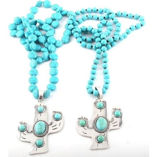 Fashion Bohemian Jewelry Flat/Circle blue Stone knotted Cactus Pendant Necklace