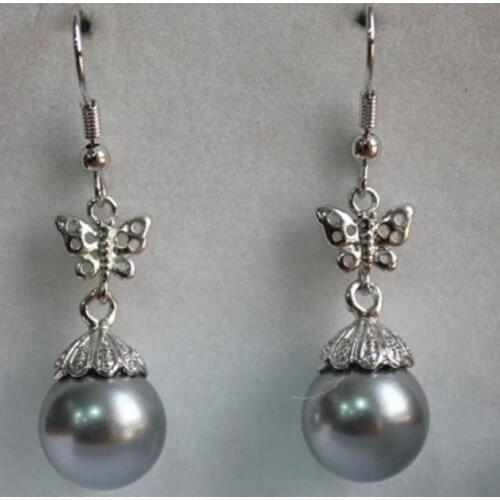 Fashion Style Silver Plated 12 mm grey Shell Pearl Earrings