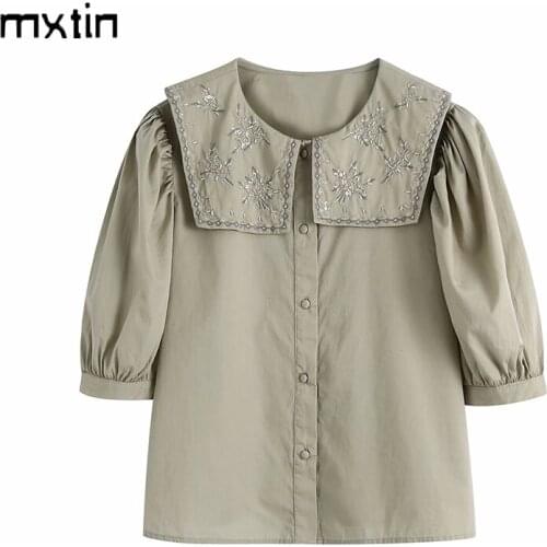 MXTIN 2021 Women Summer Vintage Solid Cropped Blouses Fashion Embroidered Neckline Puff Sleeve Female Shirts Blusas Chic Tops