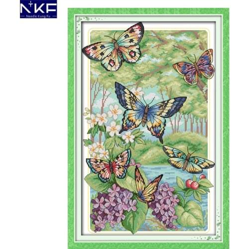 NKF Butterflies Fly In The Forest Pattern Handmade Craft Needlework Cross Stitch Embroidery Kit Cross Stitch for Home Decor