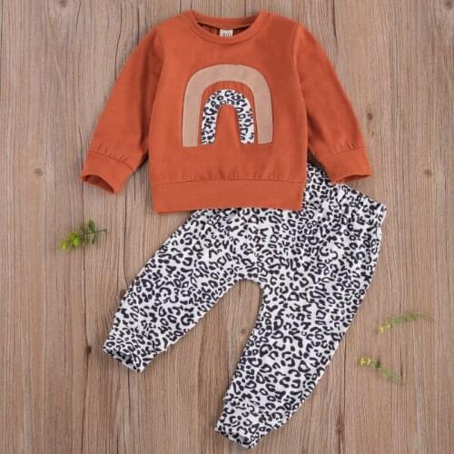 Baby Girl Fall Shirt, Pants Suit, Rainbow Printed Round Neck Long Sleeve Top, Girl Loose Jogger Leopard Trousers Spring Autumn