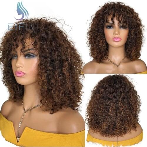 Full Machine Made Wigs With Bangs Glueless Brazilian Deep Jerry Curly Human Hair Wigs For Women Glueless Highlight Brown Color