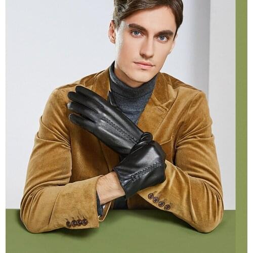 Genuine Leather Gloves Male Autumn Winter Plus Velvet Thicken Touch Screen Driving Sheepskin Gloves Men Keep Warm ZX8013