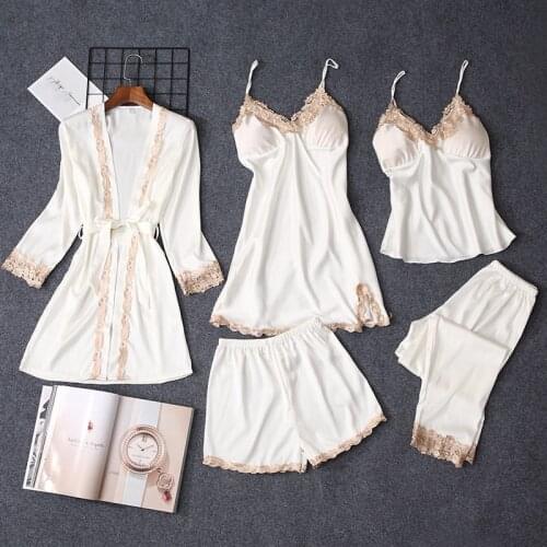 5 Pieces Women Pajamas Sets Spring Autumn Silk Pyjamas Female Flower Lace Sleepwear Robes Babydolls Nightwear With Chest Pads
