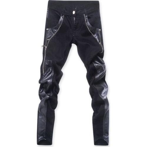Drop shipping fashion men leather pants skinny leather trousers fashion zippers design jeans pants ABZ79