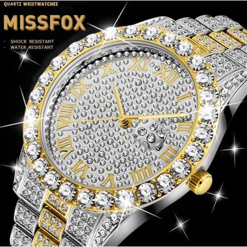 Drop Shipping Missfox Iced Out Wrist Watches For Men Golden Watch Men Luxury Brand Gold And Silver Quartz Mens Diamond Watch