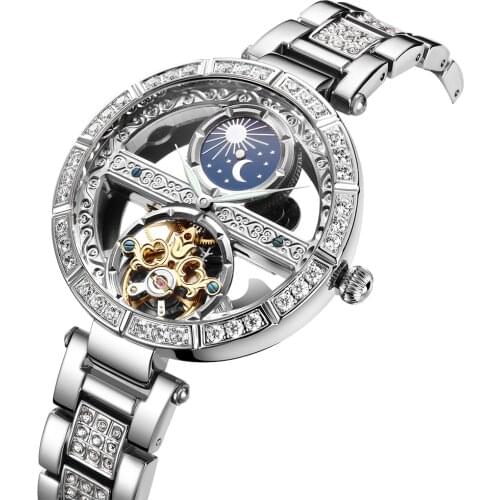 SENORS Luxury Women Mechanical Watch Silver Diamond Automatic Watches With Monn Pash Hollow Ladies Wristwatch Bling Gifts