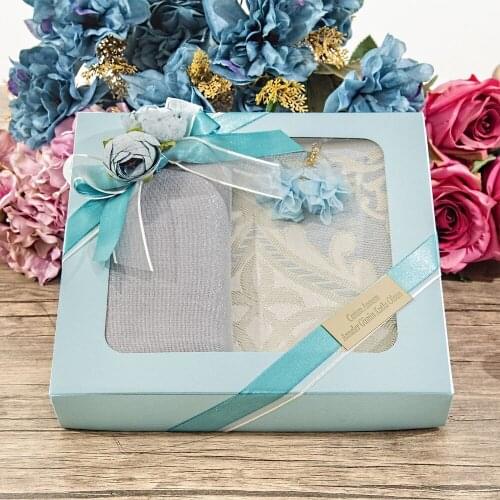 The Most Meaningful Gift Silk Nur Prayer Rug, Pearl Rosary Rose, Cotton Shawl Gift Set Blue FREE SHİPPİNG