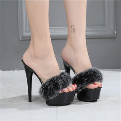 The new 15 cm rabbit hair special high heels, thin with sexy waterproof platform hate day superb high heel sandal female summer