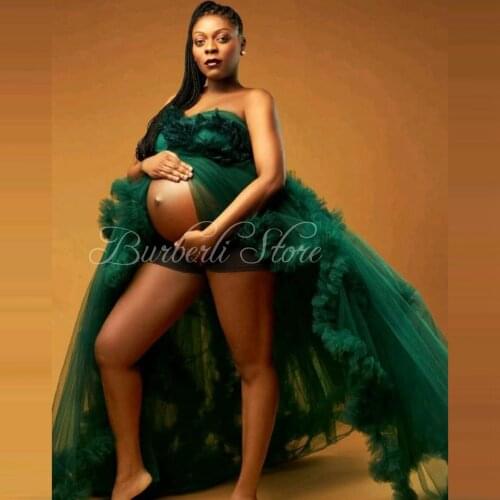 Chic Dark Green Ruffles Tiered Maternity Dresses Elegant A-line Pregnant Women Dress Photo-shoot V-neck Sexy Robe Plus Size
