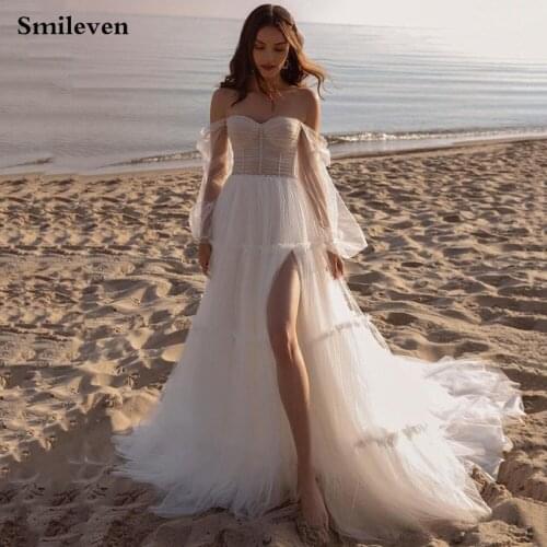 Smileven Ivory Sweetheart Neck Wedding Dress 2021 Off The Shoulder Side Split Bridal Dresses 2021 Puff Sleeve Wedding Gowns