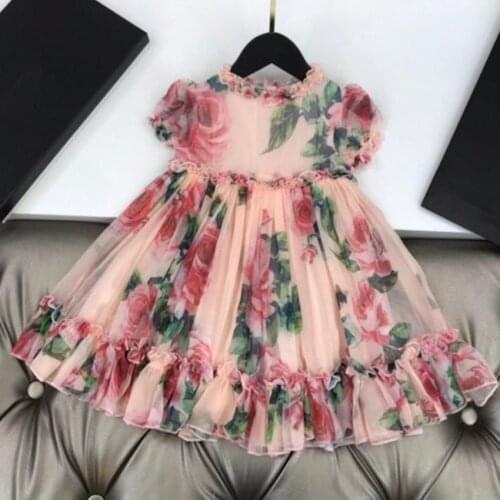 Baby Girls vintage summer kids Floral Dress children short sleeve prinbcess beach chiffon dress