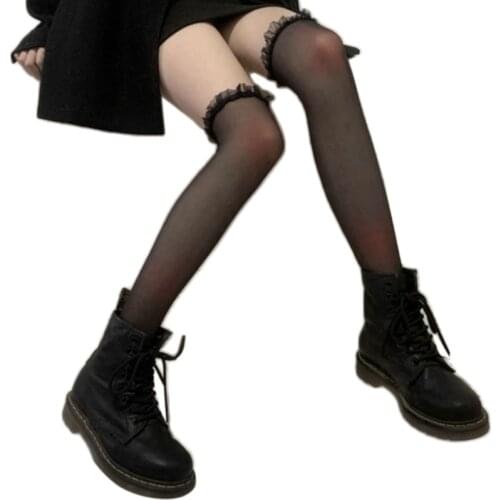 Japanese Lolita Nylon Sheer Thigh High Stockings Sweet Ruffled Lace Top Ultra-Thin Mesh Women Over Knee Long Socks