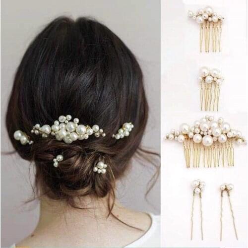 SLBRIDAL Handmade 3 Colors Wired Simulated Pearls Wedding Hair Comb Hair Pins Stickers Set Bridal Hair Accessories Women Jewelry
