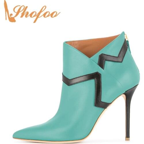 Green Short Ankle Boots Stiletto High Heeled Shoes For Womens Pointed Toe Stitched Big Size 45 44 Vegan Leather Autumn Young