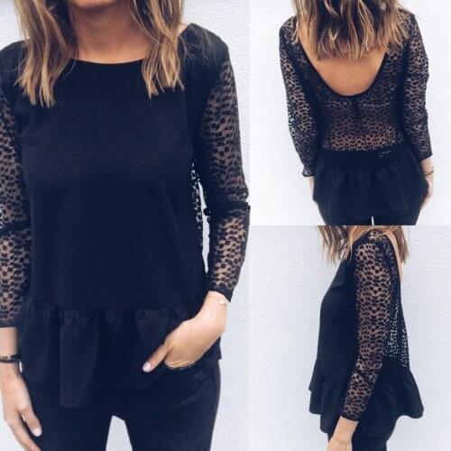 Future Time Lace Women Solid Black Lace T-shirt Mesh O-Neck t Shirt Sexy Backless t-shirts Casual Long Sleeve Hollow Out M191