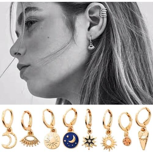 Flatfoosie Fashion New Tiny Eye Hoop Earrings For Women Girl Gold Cartilage Hoop Earrings Jewelry Star Moon Round Charm Earring