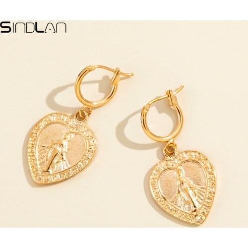 Sindlan Vintage Gold Heart Pendant Earrings for Women Punk Religion Fairy Grunge Couple 2021 Fashion Jewelry Accessories Brincos