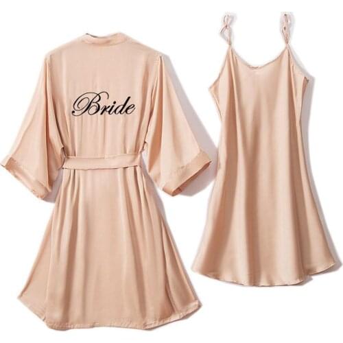 Women Champagne Bride Bridesmaid Wedding Sleepwear 2PCS Kimono Bathrobe Gown Embroidery Casual Nightgown Intimate Lingerie