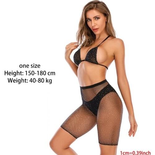 Women Glitter Rhinestone Fishnet Bikini Set Beachwear Halter Bra Shorts Swimsuit XX9D