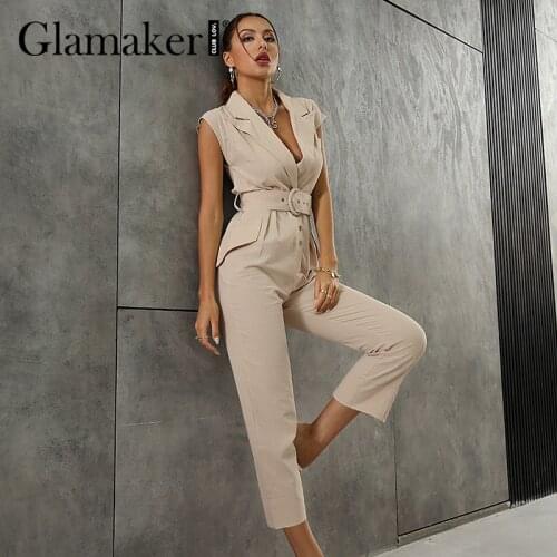 Glamaker Sexy apricot office ladies jumpsuit with belt Elegant workwear fashion unicolor long playsuit jumpsuit 2021 new