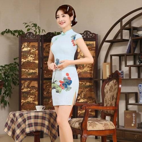 Womens Mini Cheongsam Fashion Chinese Style Dress Lady Elegant Slim Qipao Clothing Vestido Short Chi-Pao 89