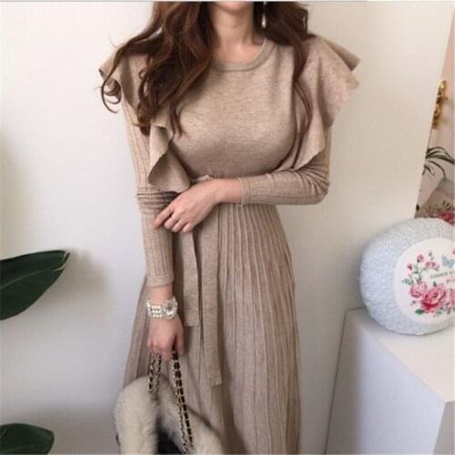 Dresses for Women 2021 New Sweater Dress Women Ruffles Long Sleeve Slim Waist A Line Pleated Winter Clothes Robe Fashion