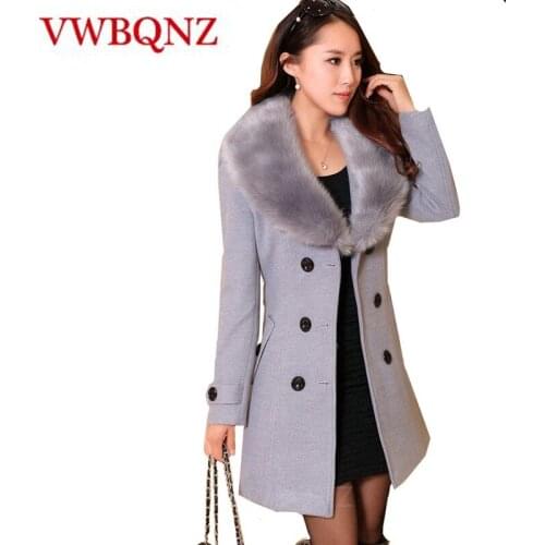 Large size 5XL Women Winter Wool Jacket Coat Double-breasted Slim Medium long Big Fur collar Overcoat Casual Female Woolen Coat