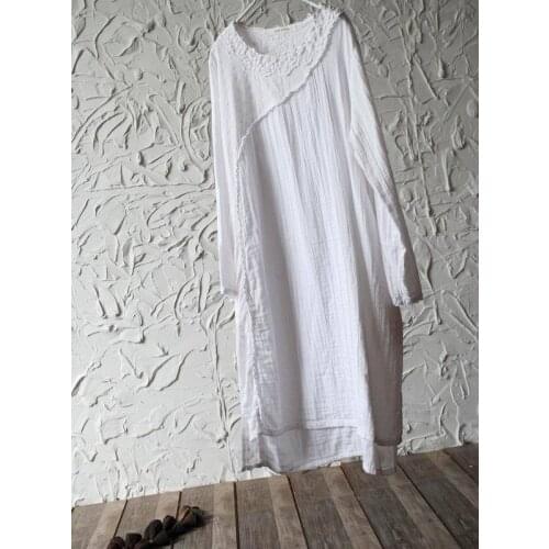 Women Spring Solid Color Irregular Length Cotton Linen Dress Ladies Embroidered Dress Female Vintage Dresses