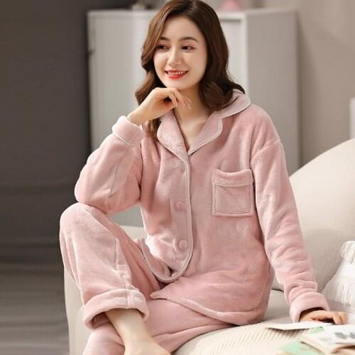 Winter Coral Fleece Pajamas Women Solid Thick Sleepwear 2 Pieces Warm Pyjamas Set for Ladies Lounge Bedroom Home Clothes Bedgown
