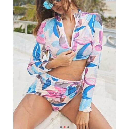 2021 Sexy Women Two Piece Bikini Set Printed Push Up Swimwear Padded Long Sleeve Swimsuit High Waist Summer Bathing Suit
